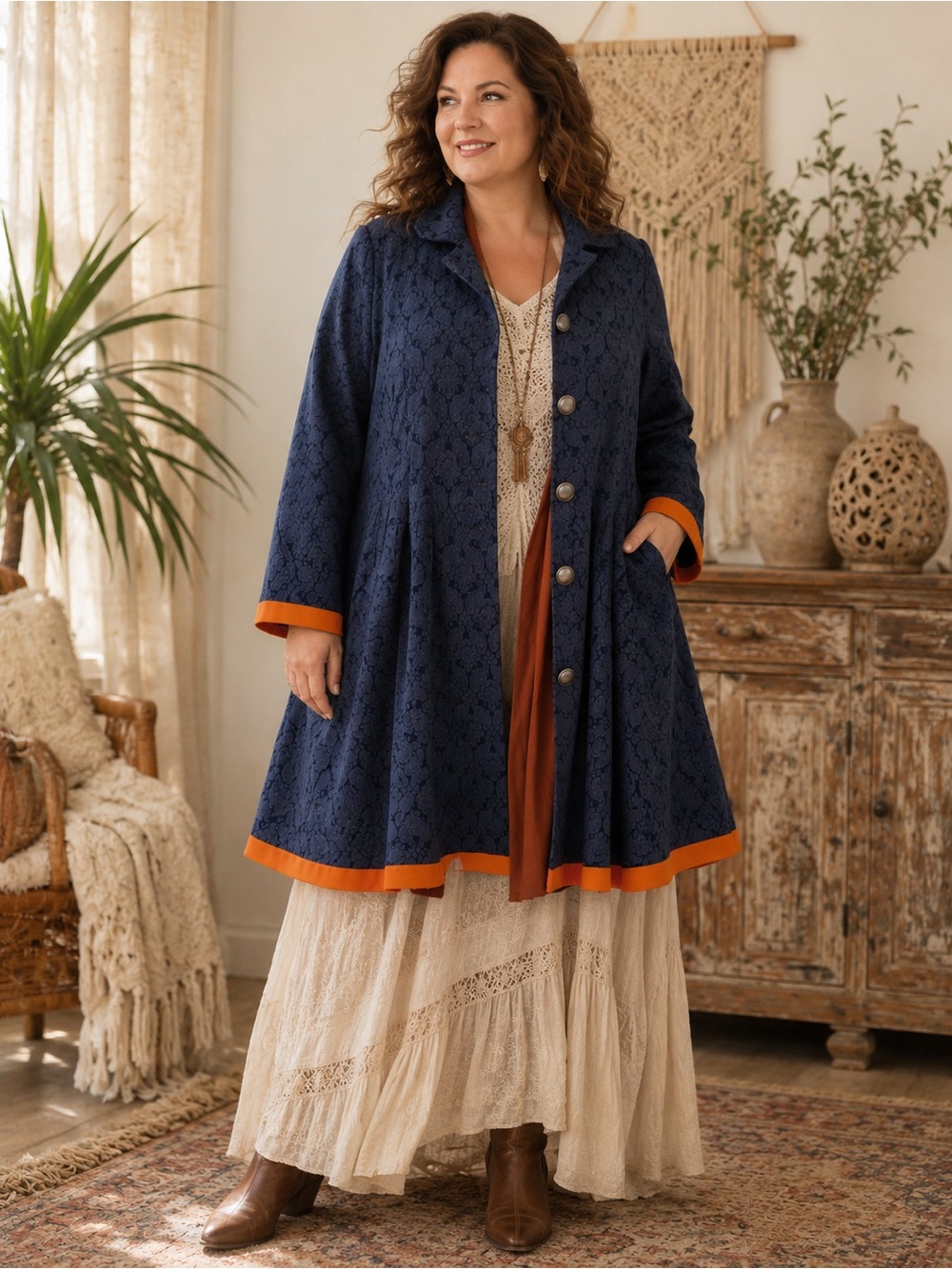 Miss Curvista Navy Blue/Mandarin Brocade Swing Jacket/Coat Paisley Boho Cottagec